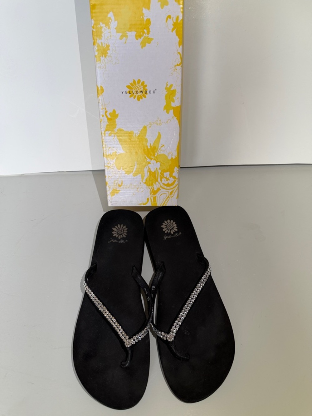 Yellow Box Black Rhinestone Strap Flip Flop Sandals